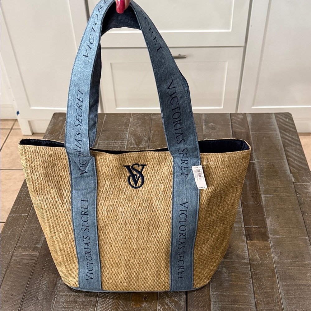 Victoria's Secret Tan Straw Tote with Blue Denim Logo Straps